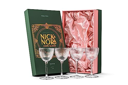 Vintage Art Deco Nick and Nora Coupe Glasses | Set of 4 | 5 oz Crystal Ribbed Cocktail Glassware for...