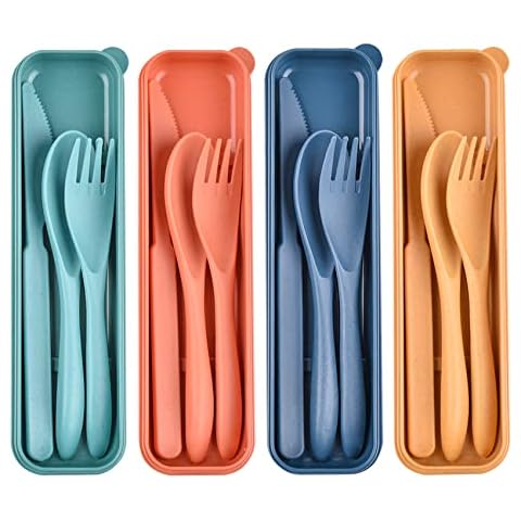 Reusable Wheat Straw Cutlery with Case, Portable Dark Utensils Set for Adults, Tableware Camping Cutlery Set for 4 People, Travel Utensils Set for Kitchens, Dishwasher Safe Cover