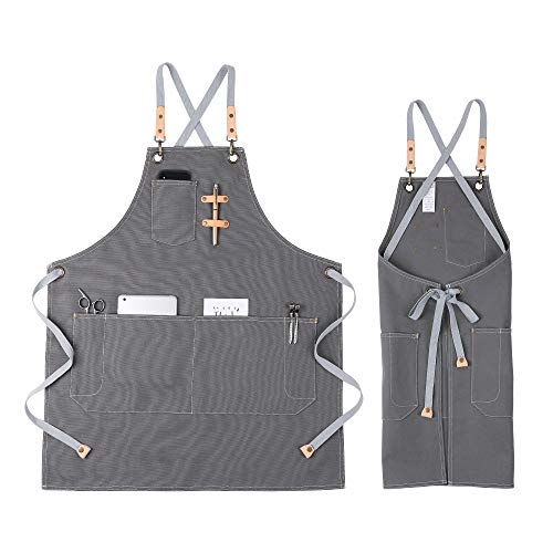 Apron with Pockets for Men Women, Chef, Waiters, Artists, Work Aprons for Grill Kitchen Restaurant Bar Shop (Grey 44)