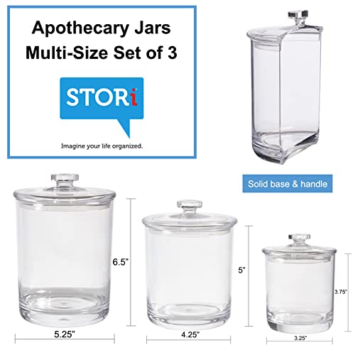 STORi 3-Pack Premium Quality Clear Plastic Qtip and Cotton Ball Holders, 15-oz, 30-oz, and 60-oz Apothecary Jars with Lids, Perfect Containers for Bathroom and Vanity, Set of 3