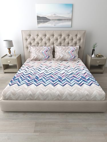 Image of Mafatlal 186 TC Autumn Delight King Size Cotton Bed Sheet | 108 x 108 Inches | Cooling Breathable Summer Bedsheet | Soft Comfortable Fabric with 2 Pillow Covers | Bit of Blue