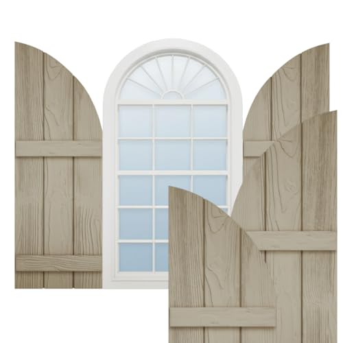 Ekena Millwork 16 1/2"W x 56"H (39 1/2" Low Side) Timberthane Sandblasted Three Board Joined Board-n-Batten w/Quarter Round Arch Top Faux Wood Shutters (Per Pair), Primed Tan