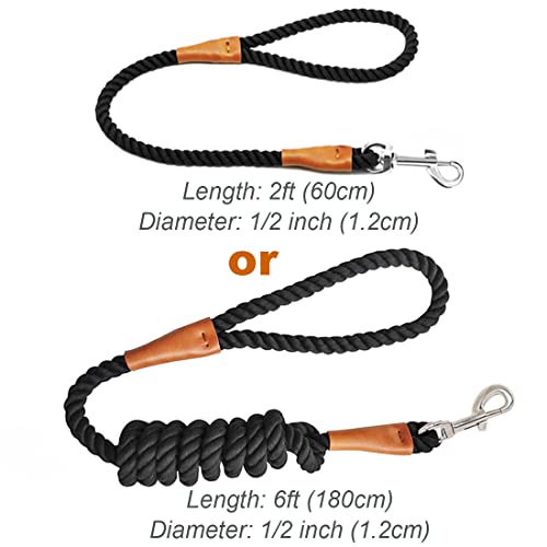 Mycicy Cotton Dog Leash, Black Dog Leash 6FT Soft Rope Braided with Leather Tailor Connection Lightweight Pet Lead for Small Medium Large Dogs Walking - Thumbnail 7