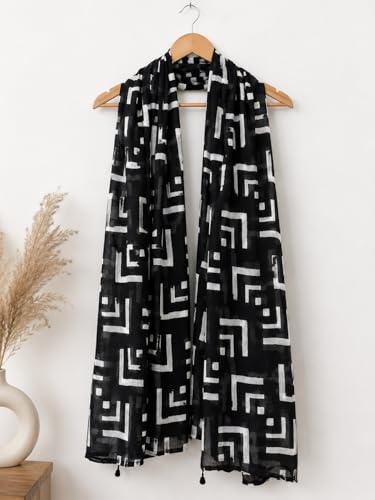 Image of Tz-Women's Pure Cotton Dupatta, Black and White Floral Print, 2.5 Metres, Lightweight Summer Wrap pk-001