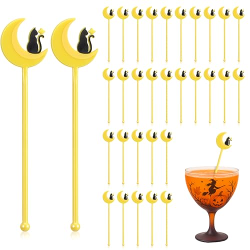 SiliFine 30 Pcs Halloween Swizzle Sticks Plastic Coffee and Cocktail Stirrers Fall Thanksgiving Drink Stirrers Cocktail Mixers for Halloween Fall Autumn Party Tea Coffee Bar Decoration(Moon and Cat)