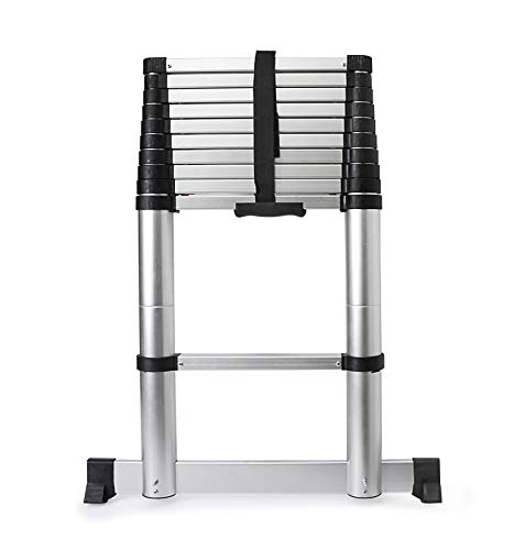 Preisvergleich Produktbild Grafner Telekopleiter 3,8 Meter, mit Softclose Verriegelungsanzeige und Querfuß, EN131 zertifiziert, sicheres zusammenklappen mit Ein-Knopf-Automatik, Klemmschutz, rutschsichere Stufen, Stabilisator