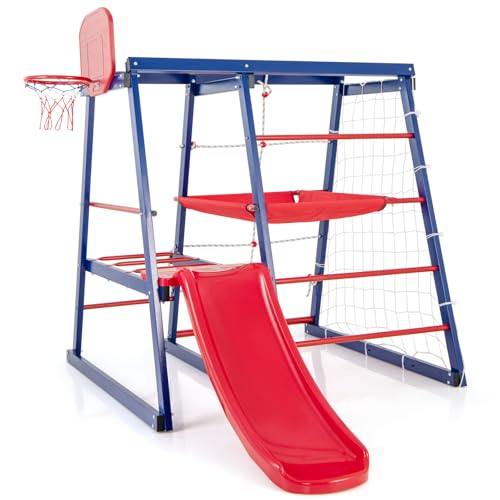 DREAMADE Metall Klettergerüst Outdoor, 150x142x146cm Spielturm Garten, Outdoor Kinder Kletterturm mit Rutsche & Kletternetz & Krabbelleiter & Strickleiter & Basketballkorb für Kinder ab 3 Jahren