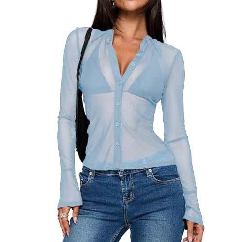 Women’s Sheer Button Up Shirt Y2K Long Sleeve Lapel V Neck Mesh Top Vintage See Through Basic Blouse Streetwear (Blue, S)