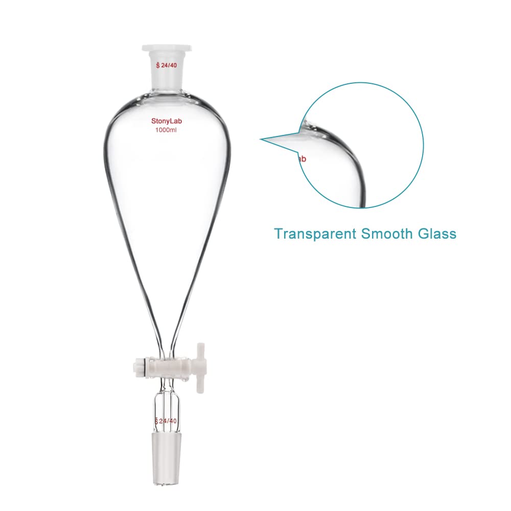 stonylab Scheidetrichter Glas, 1000 ml Separatorentrichter mit PTFE-Absperrhahn Konischer Birnenförmiger Schwerwandiger Borosilikatglas Trenntrichter mit 24/40 Fugen