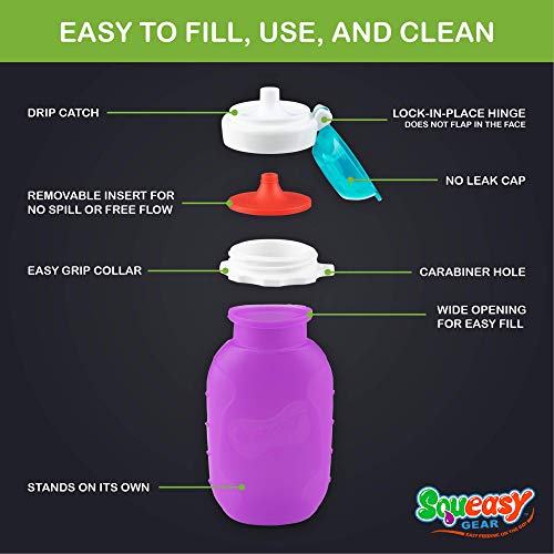 Purple 6 oz Squeasy Snacker Spill Proof Silicone Reusable Food Pouch - for Both Soft Foods and Liquids - Water, Apple Sauce, Yogurt, Smoothies, Baby Food - Dishwasher Safe - Thumbnail 4