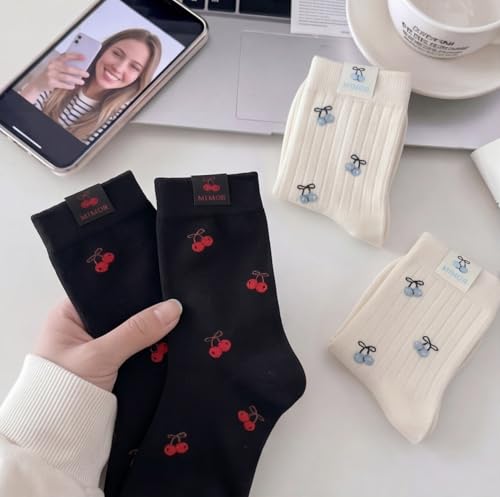 Image of Women's Cute Crew Socks, Casual Athletic Cotton Bowknot Cherry Calf Novelty Socks for Women