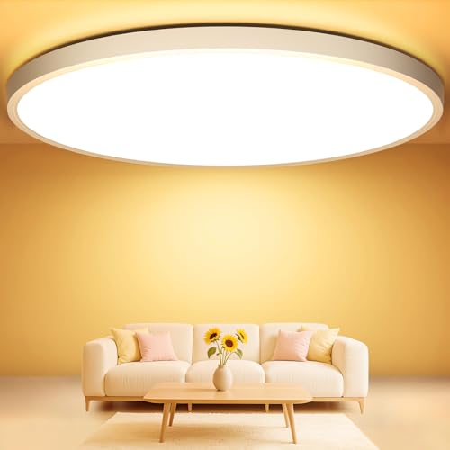 Swoieltr Plafonnier LED Rond 50cm, 48W 4800LM Lampe Chambre Plafond Très Grand Ultra-Fin 3000K Plafonnier LED Blanc Chaud IP44 Étanche Lumiere Balcon pour...