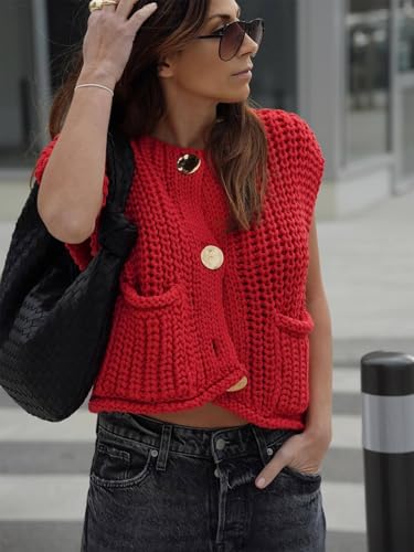 Image of YBSKG Womens Crochet Knit Top Sleeveless Button Down Crop Top Open Front Sweater Cardigan Vest with Pockets
