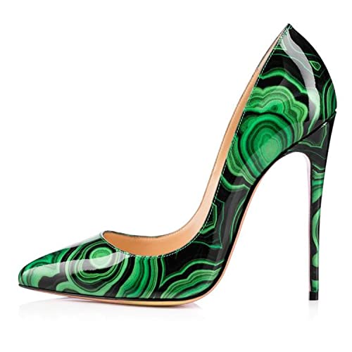 FOWT Women Stylish Super High Heel Green Painting Pattern Pumps Chic Synthetic Patent Leather Shallow Slip on Stilettos Sexy Pointed Toe Dress Evening Prom Shoes, US Size 4-13 M2