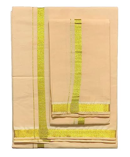 Image of PRAKASAM COTTON Mens Colour Jari Cotton dhoti and Angavastram Set (1.30X2.00 Meter Dhoti, 36X1.80 towel)