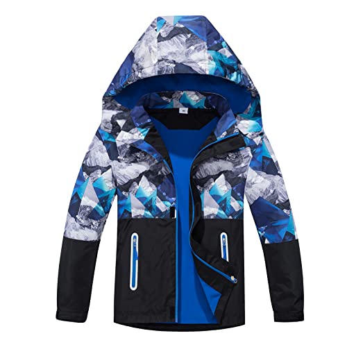 Image of BuyiRen Boys Windbreakers Jacket Rain Jackets Hooded Raincoat Fleece Lined Rain Coats for Kids, Blue Geo Camo, 10-11 Years