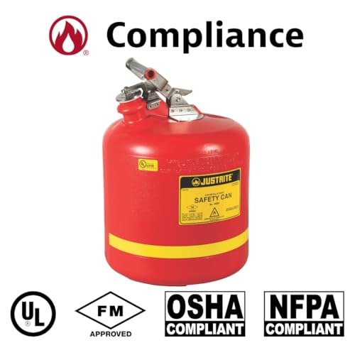 Image of Justrite 14561 5-Gallon, 12.75 inch O.D x 16.00 inch H Red Type I Safety Can with Stainless Steel Trim