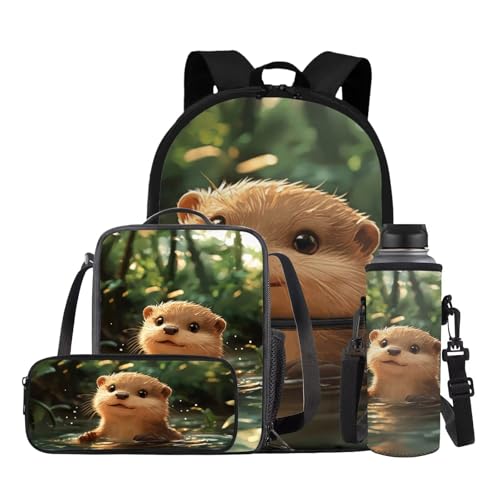 TSOVTHRID Mochila para la escuela para niños, bolsa de libros de gran capacidad y lonchera para niñas, juego de mochila escolar 4 en 1 para niñas, Nutria