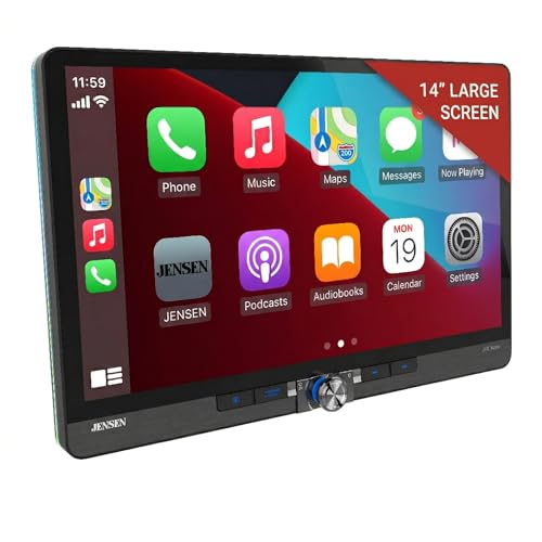 JENSEN J5CA14 14-inch Certified Apple CarPlay Android Auto Wired or Wireless | Maestro & Metra Axxess Ready | Single & Double DIN Car Stereo | SiriusXM Ready | Bluetooth | Front & Rear Camera Inputs
