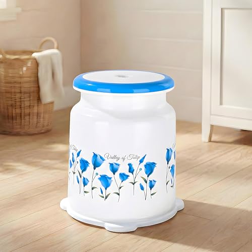 Image of Kuber Industries Strong Plastic Tulip Design Round Seating Stool for Home | Anti-Slip Stool for Adult & Senior Citizen-Friendly Design | White & Blue