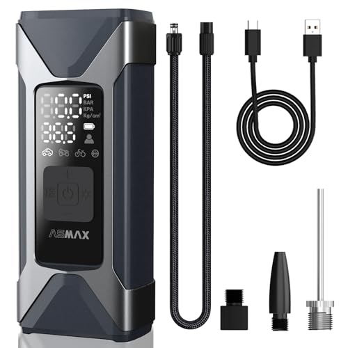 ASMAX Compresor Aire Portatil 7500mAh, 160PSI/11Bar Inflador Electrico con Manómetro, Batería Recargable, Pantalla LCD, 5 Modos Bomba de Aire para Coche, Moto, Bicicleta, Pelota, con Linterna LED