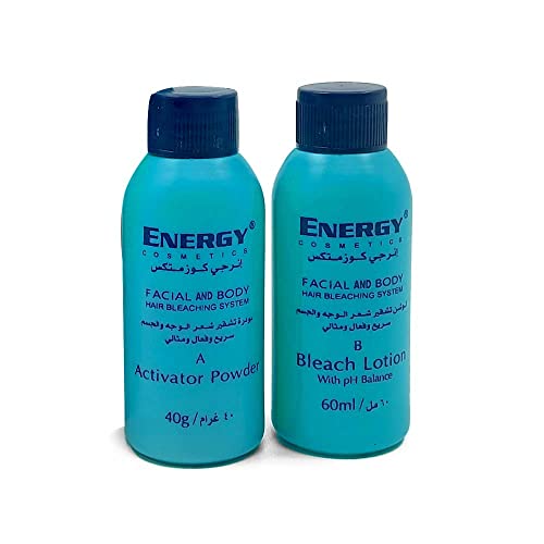 Energy Cosmetics Facial and Body Hair Bleaching System, 40g Activator Powder, 60ml Bleach Lotion with pH Balance