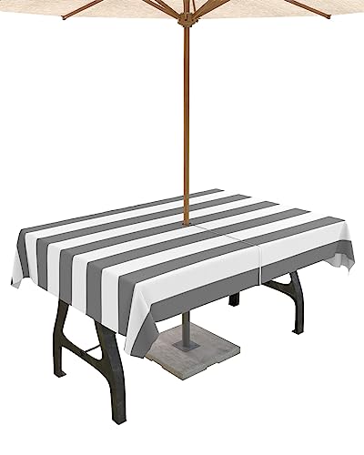 BABE MAPS Outdoor Tablecloth with Umbrella Hole and Zipper, Grey and White Stripes Rectangle Waterproof Table Cloth Wrinkle-Free Washable Table Cover for Patio Picnic Party Table Decor 52x70in