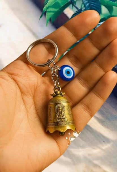 Image of Golden Guardian Bell With Evil Eye Charm - Biker Luck with Safety Message Keyring - Gift for Husband, Boyfriend, Dad, Brother - Birthday, Rakhi