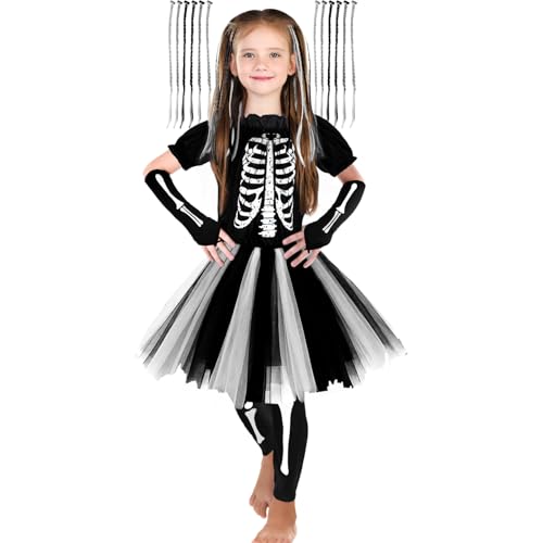 SATINIOR Rainbow Skeleton Costume for Girls Black and White Funky Bones Costumes Set with 12 Pcs Hair Extensions(Black White M)