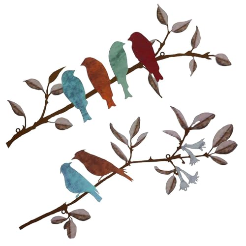 Metal Bird Wall Art Decor, 2Pcs Metal Birds on Branch Wall Hanging Decoration,Garden Wall Art Outdoor Vivid Birds MetaL Bird Wall Arts,Hanging Pictures Wall Decor for Garden Balcony Home Ornament