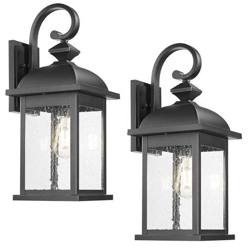 Image of FEMILA 21 inch Outdoor Wall Light Fixture, 2 Pack Modern Outdoor Wall Sconce, Rust-Proof Waterproof Wall Light with Seeded Glass, Ideal for Porch, Patio, Entryway, Garage, 4FD54B2-2PK BK