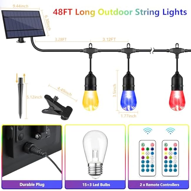 48FT Solar Outdoor RGB String Lights, 15+3 Waterproof Shatterproof LED Bulbs Dimmable Patio String Lights with Remote, Commercial Solar String Light for Patio Yard