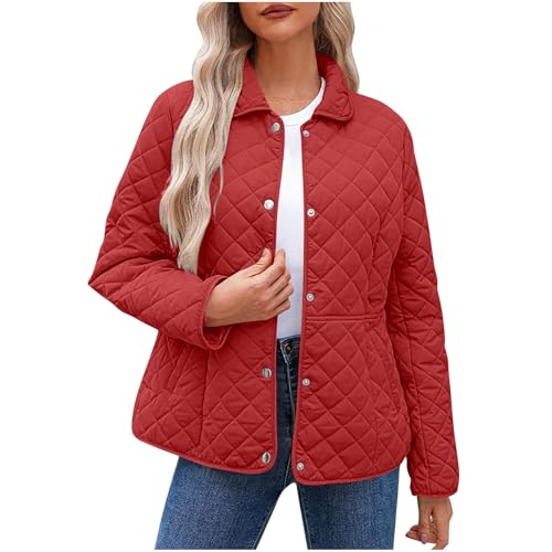 Quilted Jackets For Women Long Sleeve Button Down Lightweight Puffer Jacket Outerwear Coats with Pockets Red plus size womens coats XL