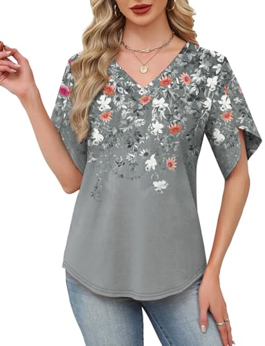 Image of WIHOLL Womens Summer Tops Short Petal Sleeve Shirts Fashion V Neck Womens Clothing