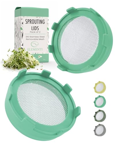 Elementi Sprouting Lids for Wide Mouth Mason Jars (Set of 2), Sprouting Jar Kit for Organic Sprouts, Alfalfa & Mung Bean Sprouts Grow Kit, 316 Stainless Steel Mesh Screen Strainer Lid (Mint)