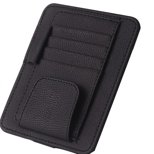 サンバイザー収納ポケット 車用【魔術テープ式取付】多機能 メガネホルダー カード 小物入れ ペン差し PUレザー サングラスホルダー 車載収納 15.5×12.5cm ブラック