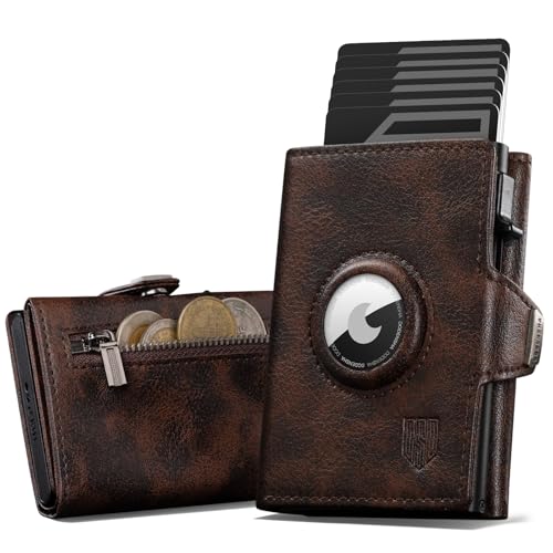 DODENSHA AirTag Wallet for Men RFID Blocking Leather Card Holder with Pop-Up Mechanism Compact Trifold Wallet with ID Window & Coin Pocket Gift Box Included (Dark Brown)
