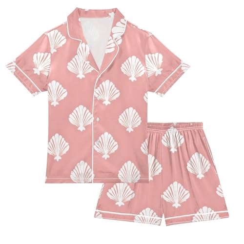 ALAZA Seashell White Cartoon Satin Pajamas Set Short Sleeve Button Down Sleepwear Summer Pjs 2 Piece