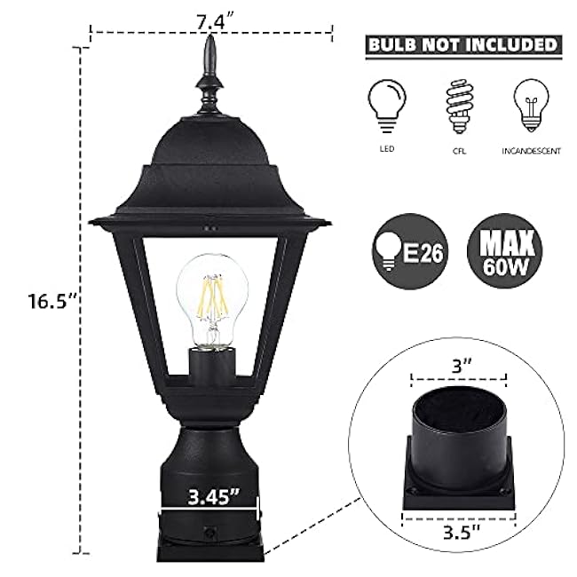 Outdoor Post Light Lamp Post Light Fixture Post Lantern Matte Black 16.5in