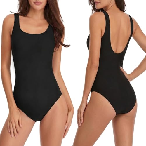 Dreaku Womens One Piece Swimsuit Tummy Control Swimming Costume Push Up Ladies Swimwear Monokini with Removable Pads Scoop Back Round Neck Bathing Suits (UK Alpha S Regular Regular Black)