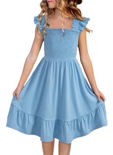 blibean Tween Girls Summer Sundresses Smocked Ruffled Sleeveless 2026 Sun Dresses Kids Boho Casual Fashion Midi Flare Outfits Solid Pockets Wedding Swing Clothes Size 10-11 Years Light Blue