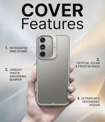 Image of amazon basics Frosted Matte Case for Samsung Galaxy A55 5G | Built-in Flip-Out Camera Lens Stand | Translucent Back with Contrast Gray Bumper | Shockproof Protective Cover with Foldable Kickstand