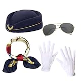 hhdatc 4-Piece Women’s Flight Attendant Costume Set Stewardess Accessories with Bellhop Hat, Scarf, Sunglasses & Gloves for Halloween, Cosplay & Theme Parties(navy blue)