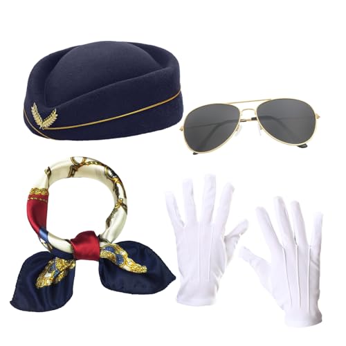 hhdatc 4-Piece Women’s Flight Attendant Costume Set Stewardess Accessories with Bellhop Hat, Scarf, Sunglasses & Gloves for Halloween, Cosplay & Theme Parties(navy blue)