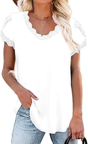 SENFURE Women's Cute V Neck Lace Crochet Summer Petal Sleeve Loose Elastic Dreesy Blouse T-Shirt Top, White, Large