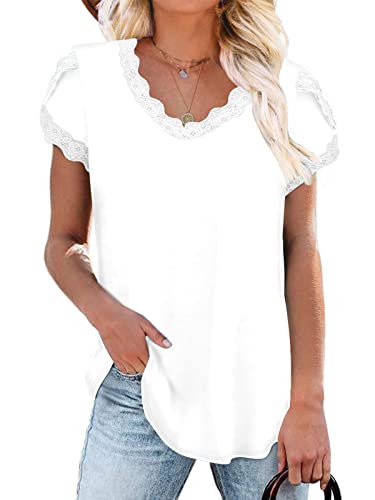 Senfure Women's Cute V Neck Lace Crochet Summer Petal Sleeve Loose Elastic Dreesy Blouse T-Shirt Top, White, Large #TOP30