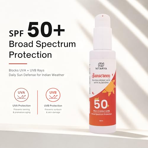 Image of Sunscreen SPF 50+ PA++ with 1% Hyaluronic Acid & Aloe Vera | Broad Spectrum UVA UVB Protection | No White Cast, Lightweight & Hydrating Daily Use Sunscreen for Face & Body | Natural, Paraben Free | 100ml
