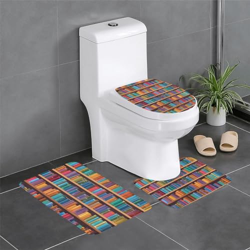 Tapis de bain trois pièces imprimé bibliothèque coussin de douche lavable - 2