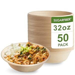 [50 Count]Sugarfiber by Harvest Pack 32oz Round Paper Bowls – Compostable Heavy-Duty Eco-Friendly Disposable Bagasse Bowls Sugarcane Natural plant fibers for Meal Prep Takeout Dinnerware