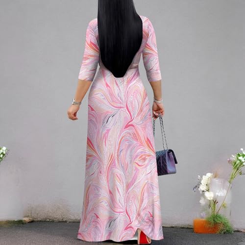 Image of PinkPatty Plus Size Maxi Dress for Women Casual V Neck 3 /4 Sleeve Boho Printed Long Dress with Pockets